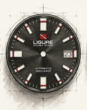 Ligure Il Primo LWT210012 Nero Profondo dial design with red Riviera-inspired accents