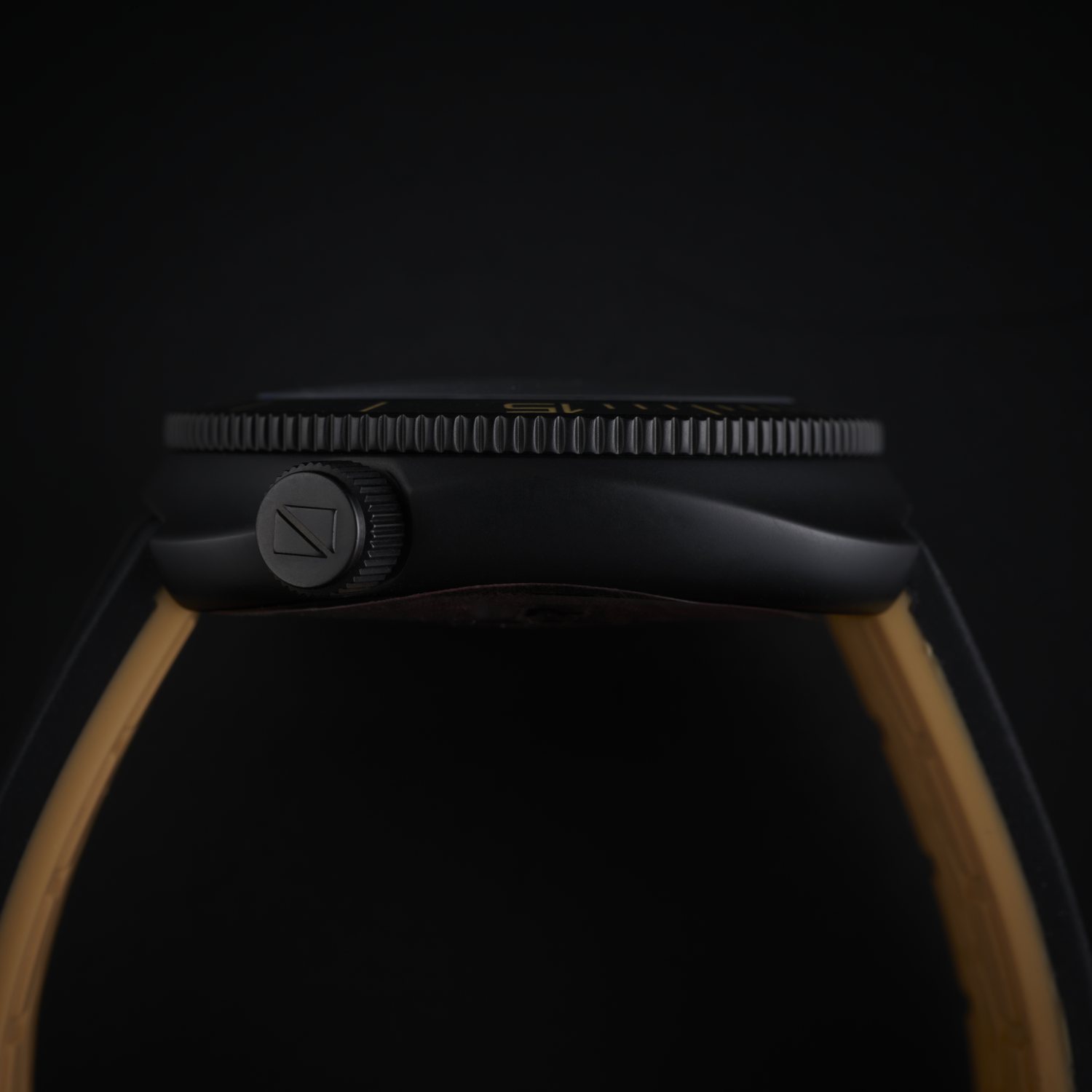 Close-up of a Ligure Nero di Seppia LWT21004N black watch with strap on a black background
