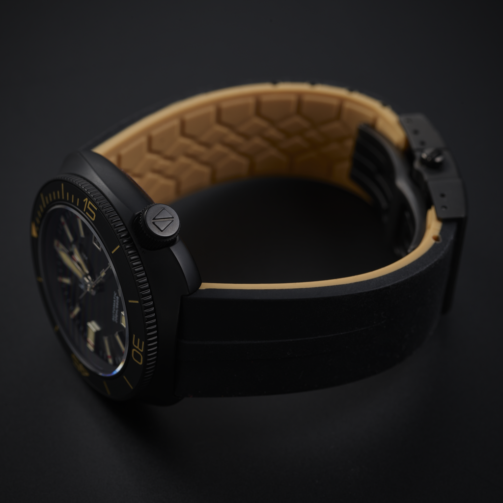 Laying Ligure LWT21004N Nero di Seppia Black wristwatch with a sand beige silicone rubber strap on a dark backgrond