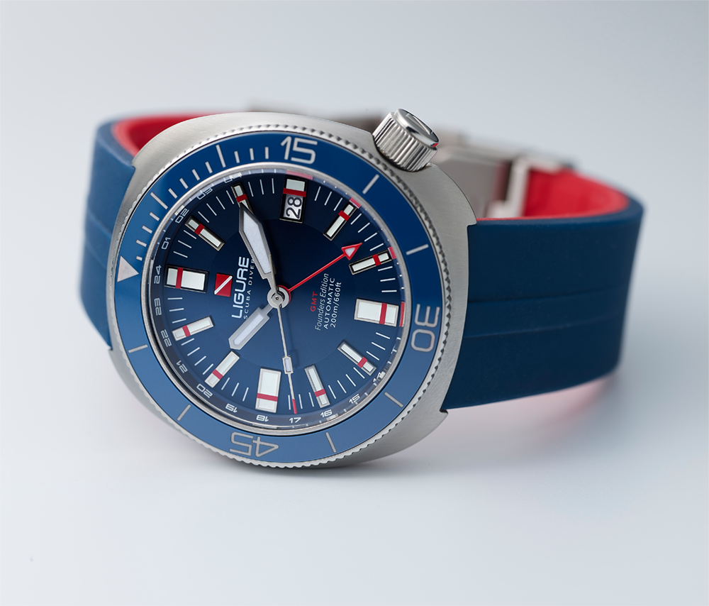 Ligure Founders Edition GMT LWT21007 Watch with blue strap and blue dial on a light gray background