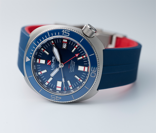 Ligure Il Primo LWT21009 featuring Mediterranean Blue dial and Rosso Tramonto-lined silicone strap