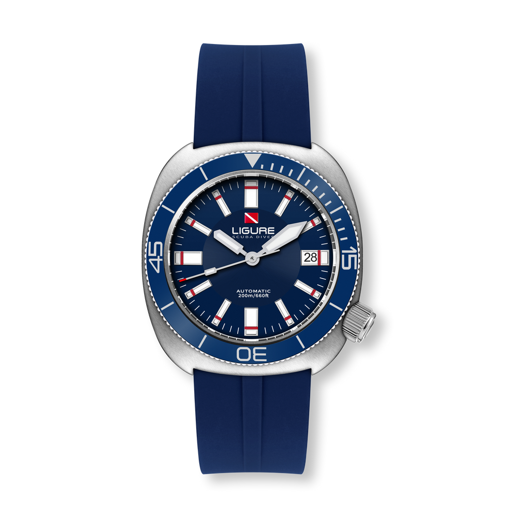 Ligure Il Primo LWT21009 with Mediterranean Blue sunburst dial and blue silicone strap
