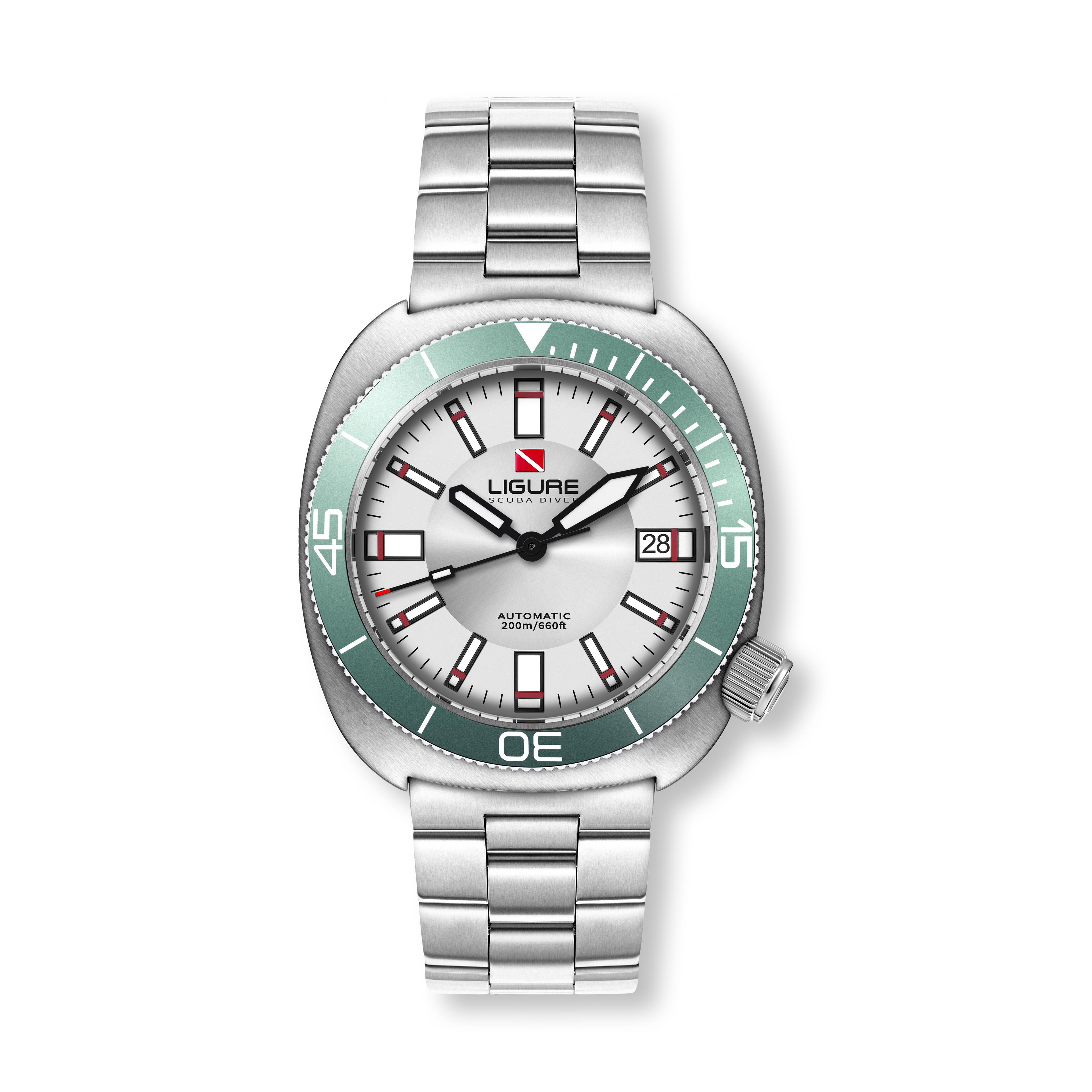 Ligure LWT23009 watch with a green bezel and white face on a white background