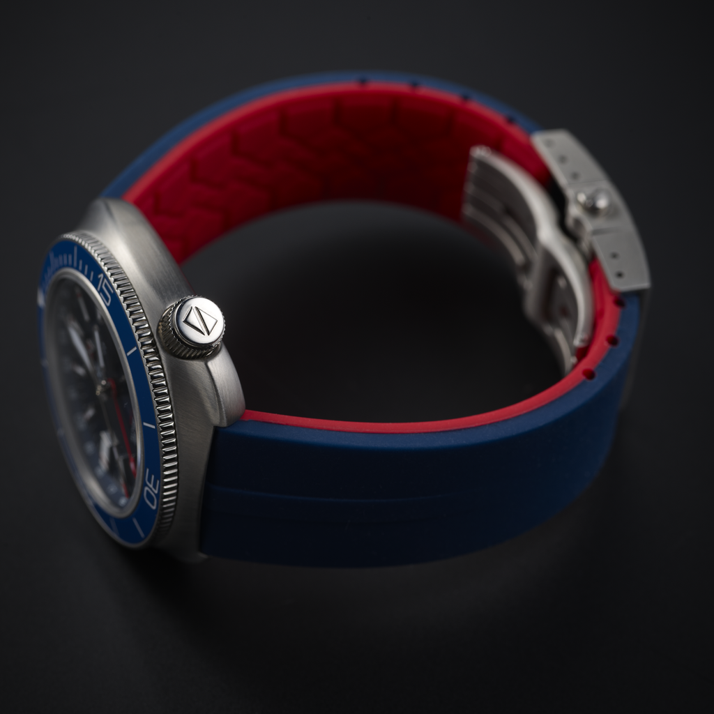 Ligure Founders Edition GMT LWT21007 Watch with a blue and red strap on a dark background