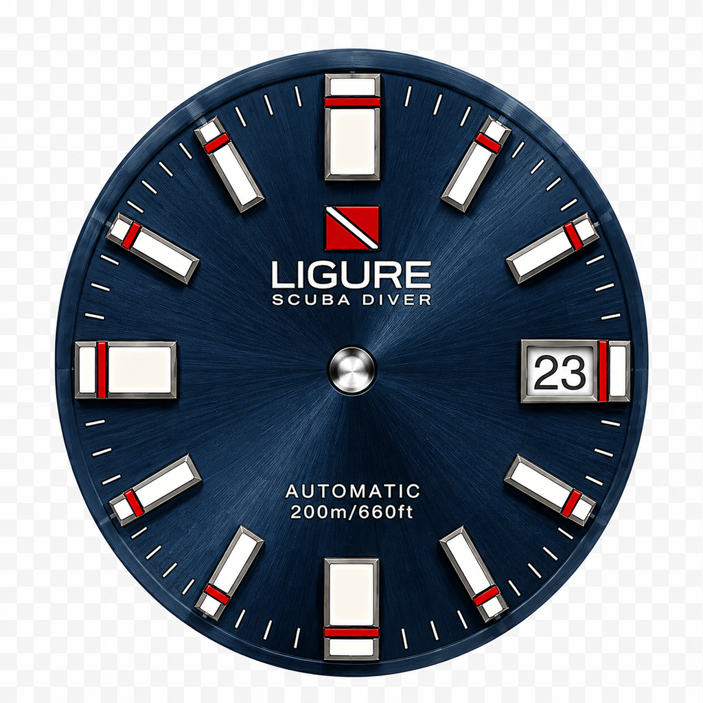 Ligure watch face with blue Sunburst and white and red accents