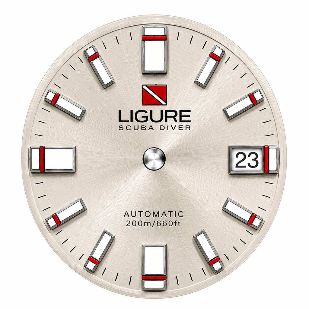 Ligure Scuba Diver watch face with brand logo and text on a white background
